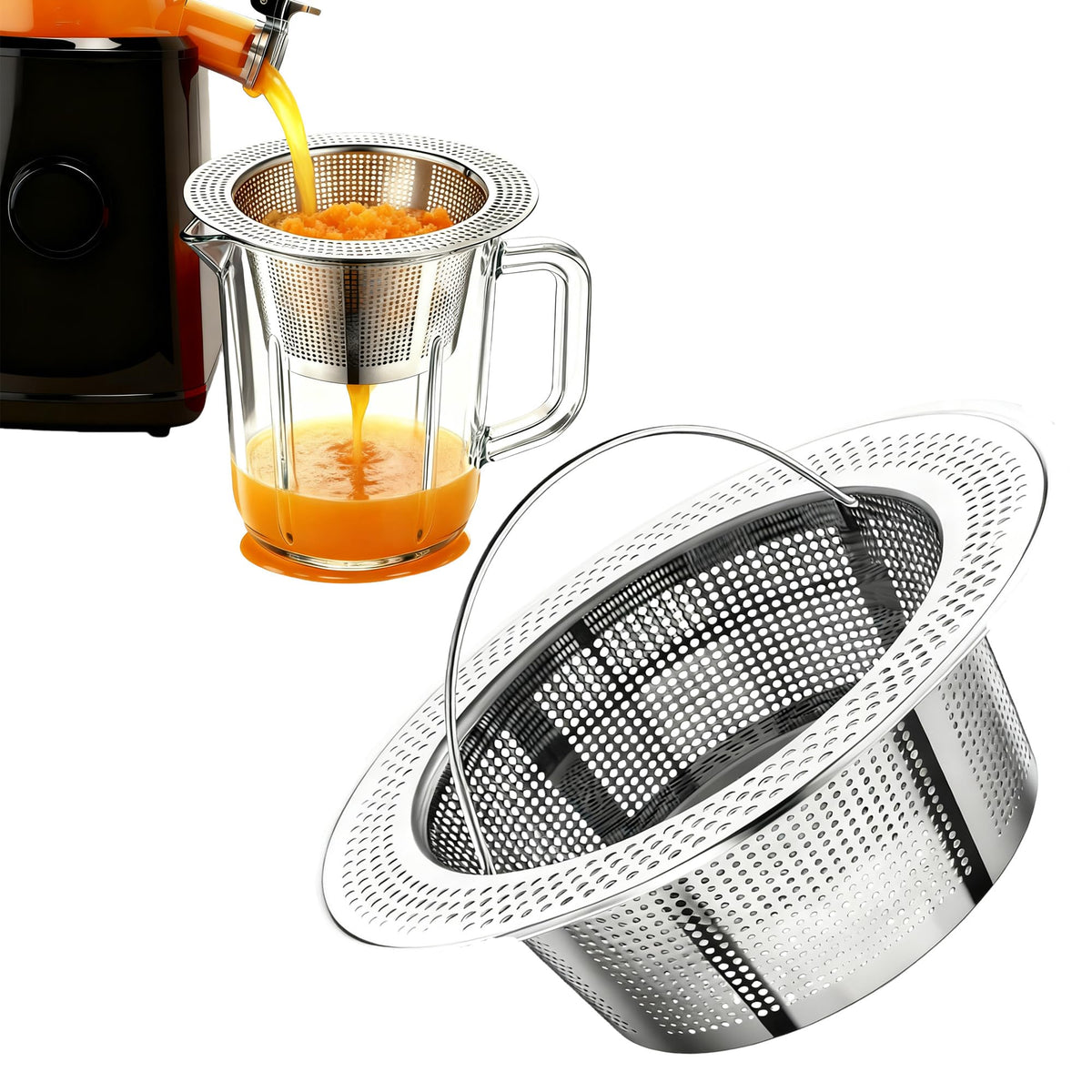 Nama J2 juice strainer with wide rim enabling hands-free pouring for mess-free juicing.