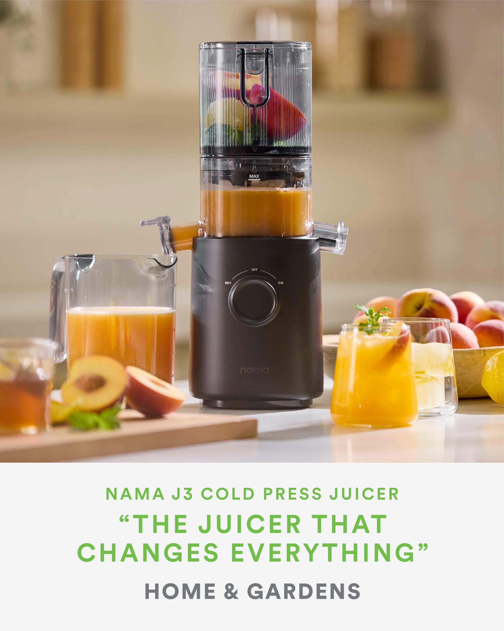 Nama J3 self-feeding hopper simplifying loading whole fruits for faster juicing.