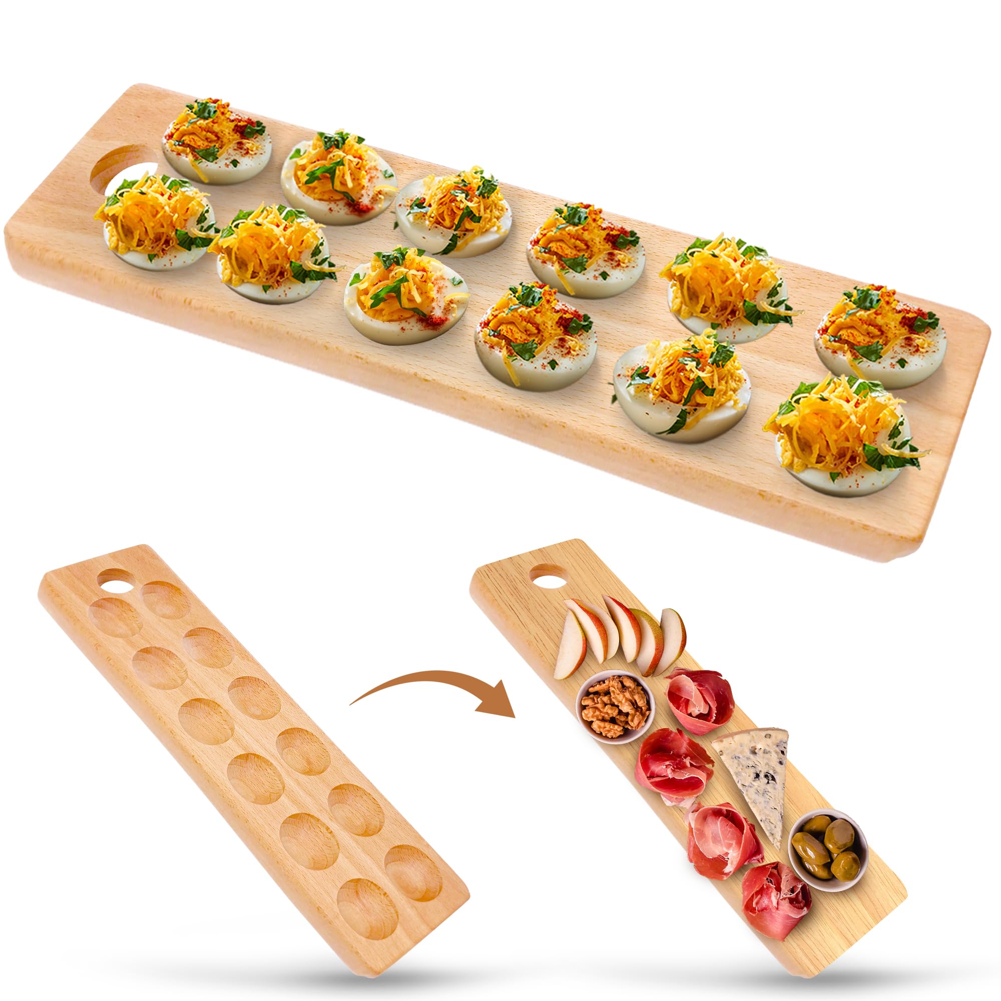 Namre' wooden deviled egg platter with 12 wells for organized holiday servings.