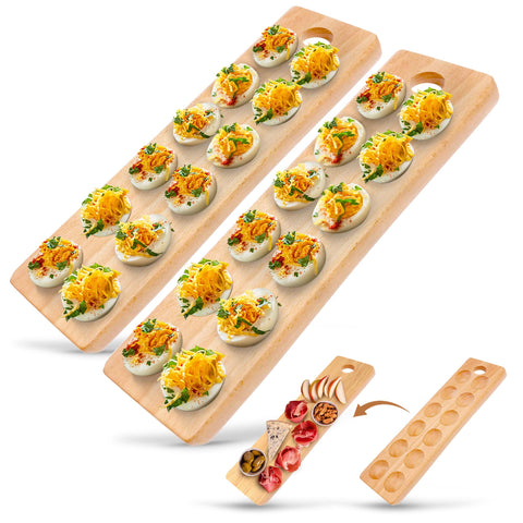 Namre' wooden deviled egg tray with reversible surface for elegant entertaining.