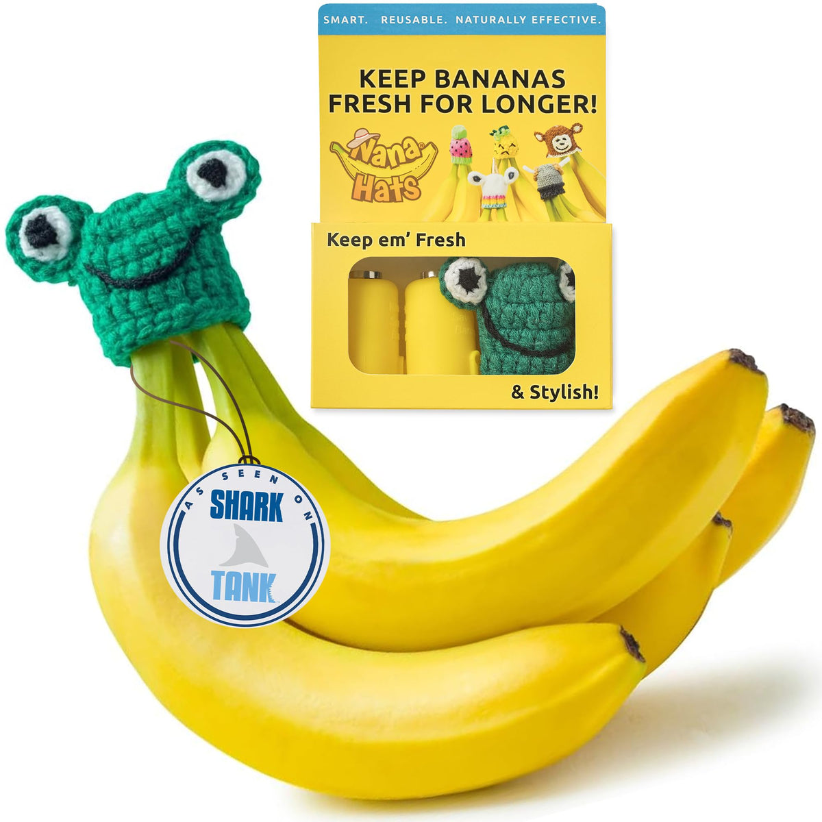NANA HATS banana freshness cap on crown keeps bananas fresher longer.