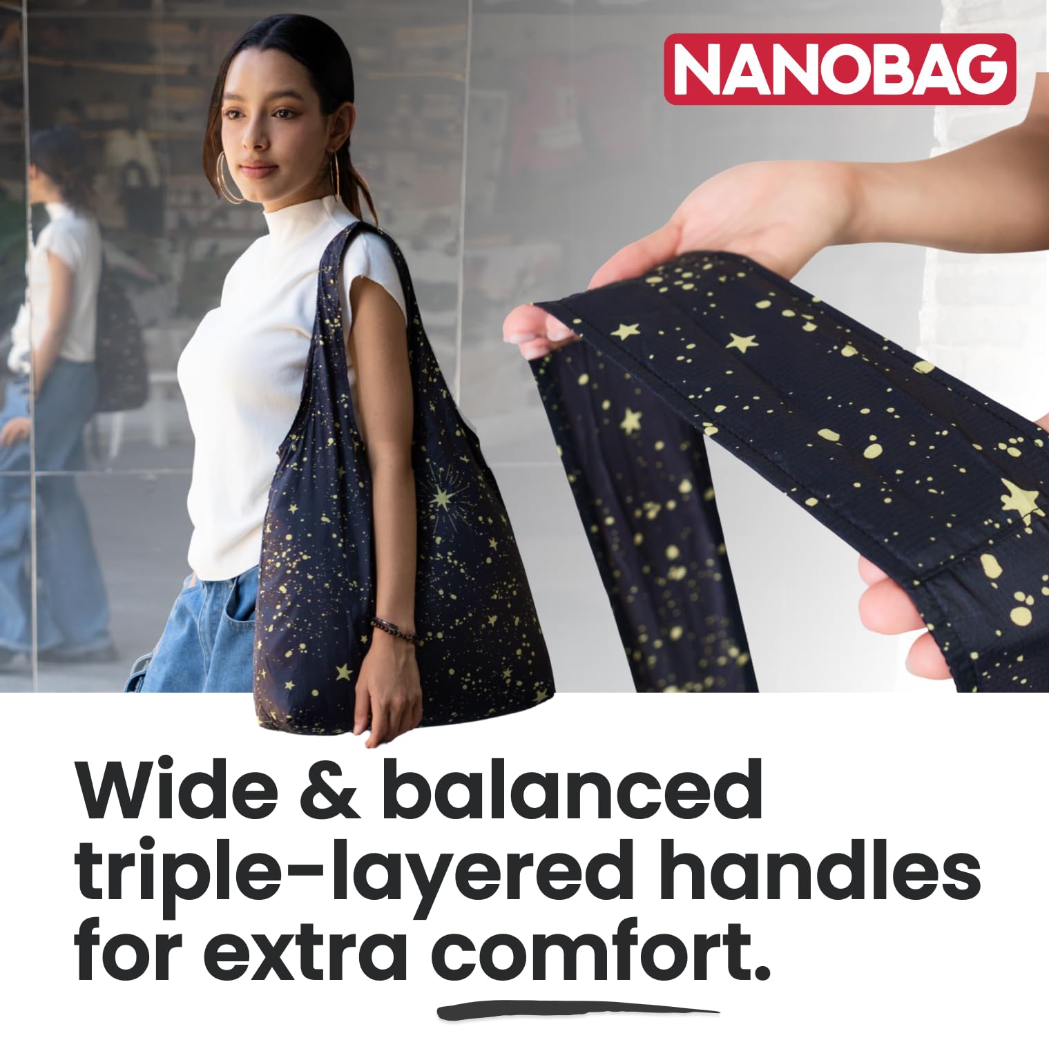 Nanobag 66-lb load capacity supports groceries and gear.