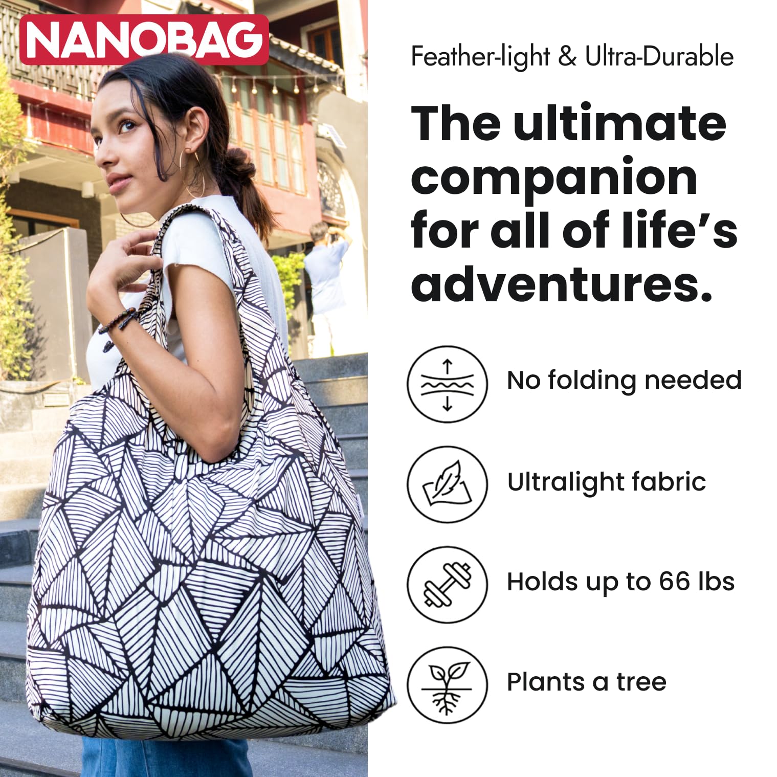 Nanobag compact pocket fold shows easy stowaway after shopping.