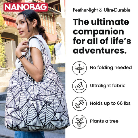 Nanobag compact pocket fold shows easy stowaway after shopping.