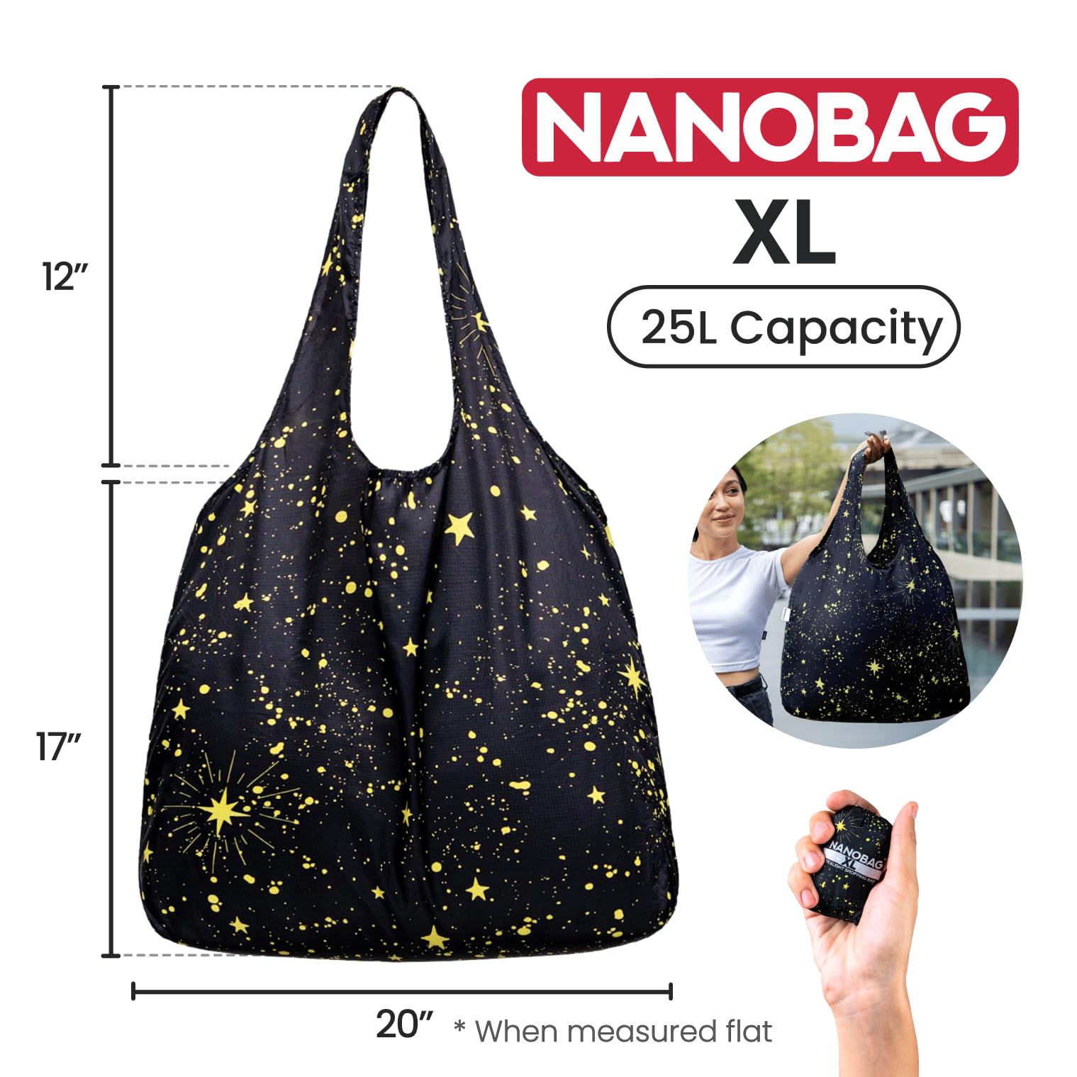 Nanobag XL unfolds in seconds and is ready for groceries or commuting.