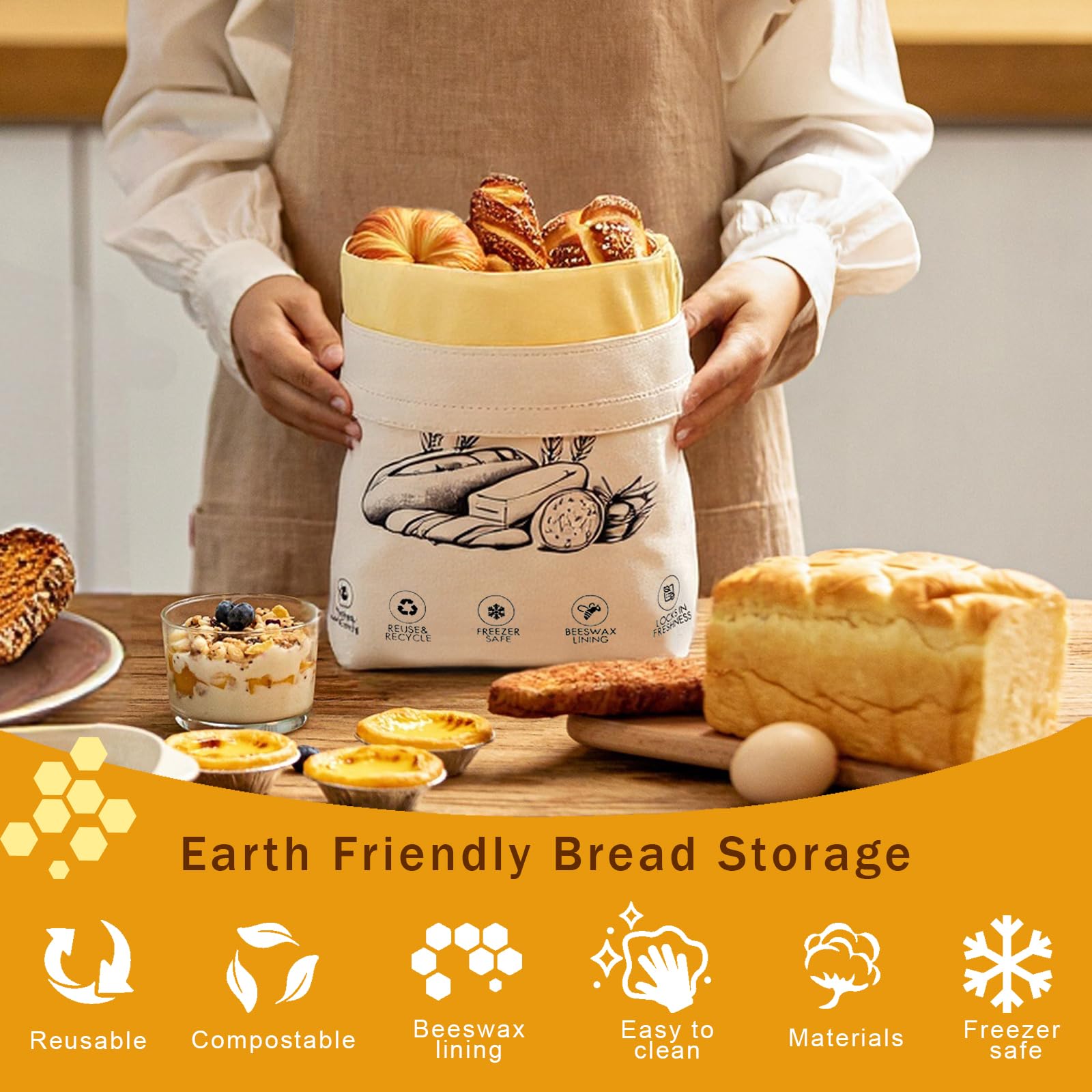 NANYI Azure Petals bread bags stacked on the counter.