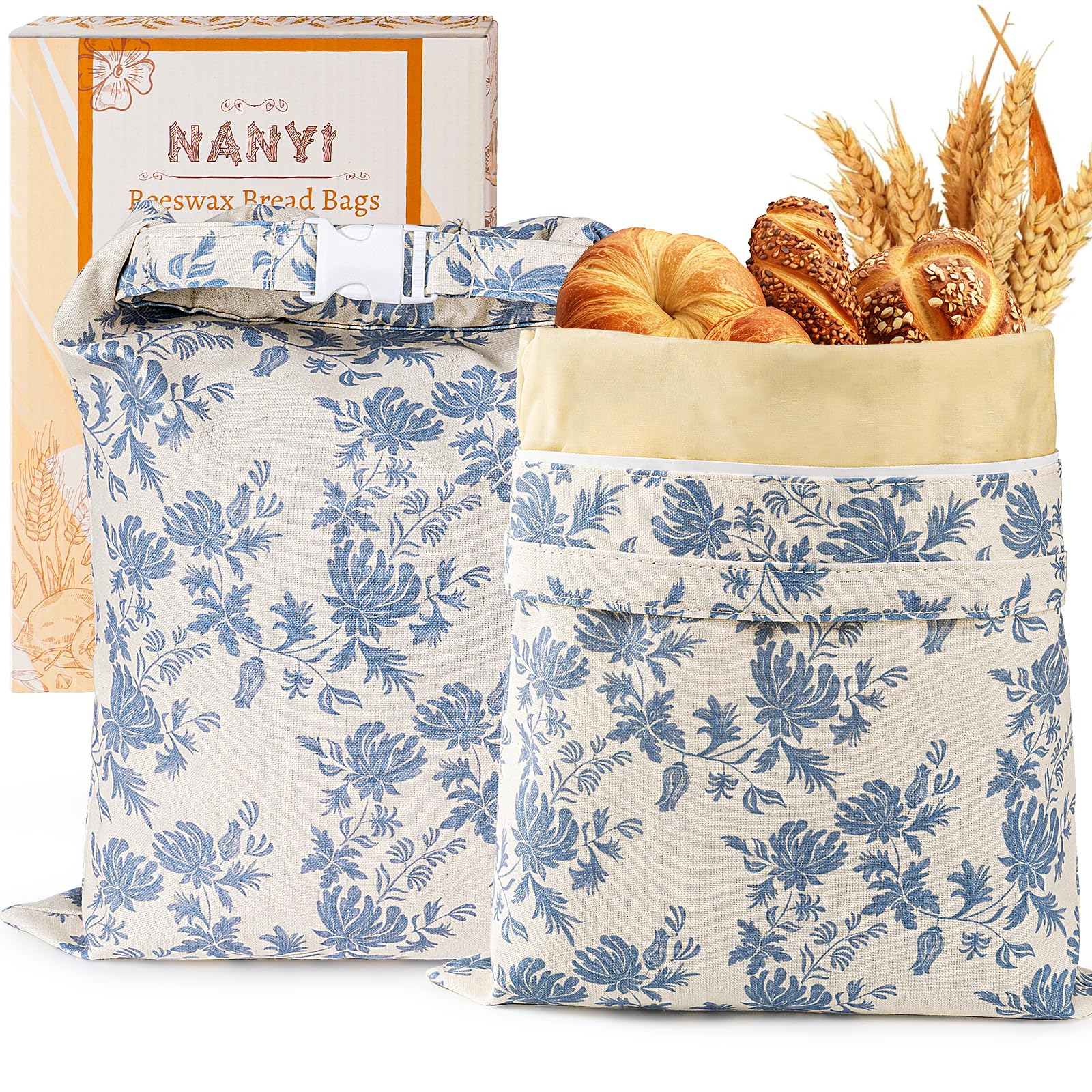 NANYI beeswax bread bags navy bloom set ready for fresh bread storage.