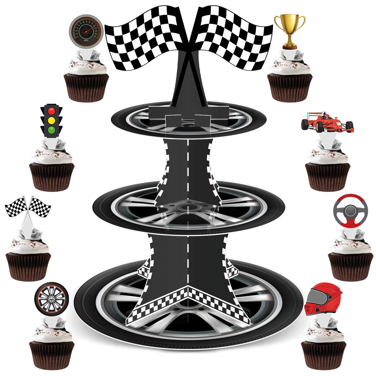 Naozinebi 3-Tier Race Car Cupcake Stand with sturdy dessert display.