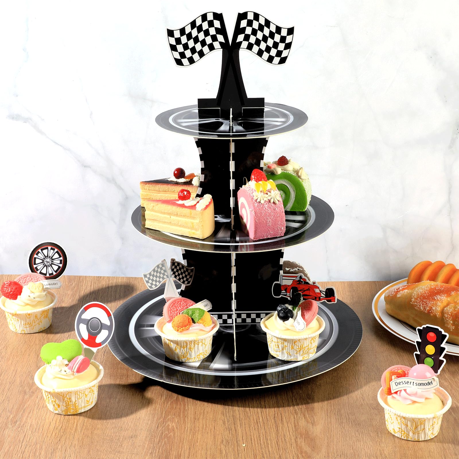 Naozinebi racing-theme dessert tower for birthdays and parties.