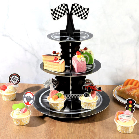 Naozinebi racing-theme dessert tower for birthdays and parties.