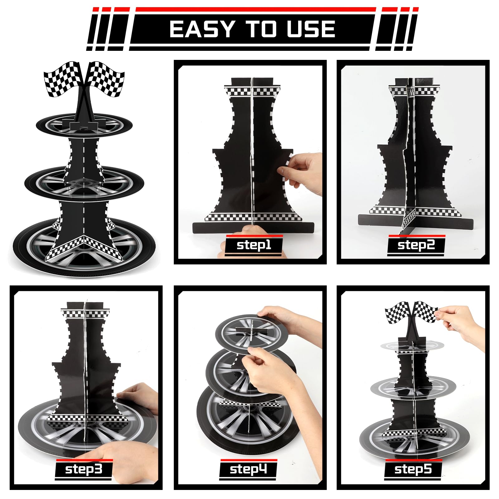 Naozinebi side-view race car cupcake stand highlights layered treats.