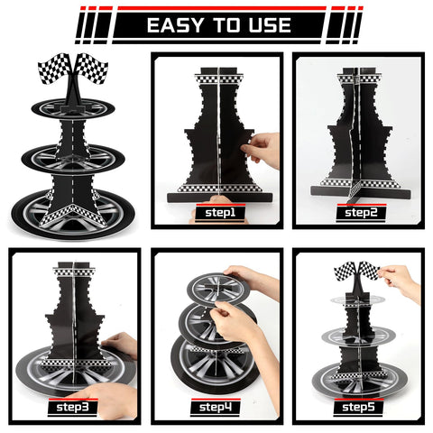 Naozinebi side-view race car cupcake stand highlights layered treats.