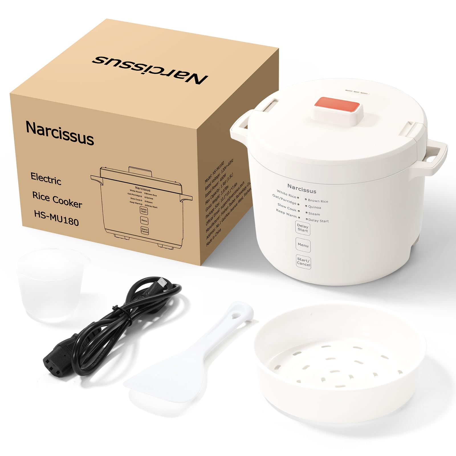 Narcissus rice cooker with measuring cup and spatula included.