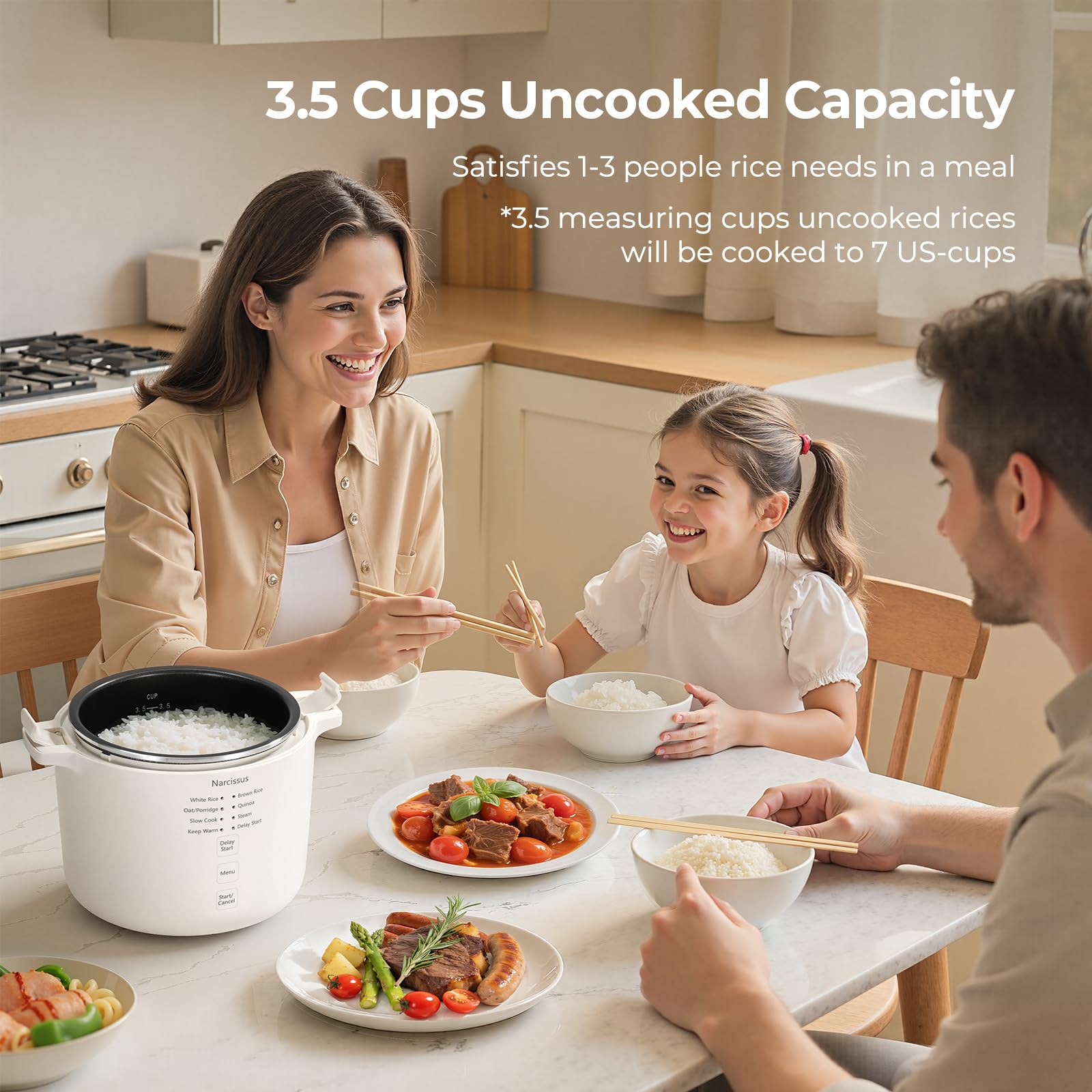Narcissus 3.5-Cup cooker interior showing five-layer pot for even heating.