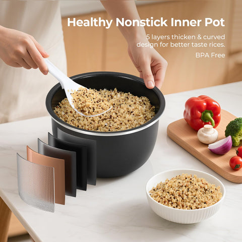 Narcissus rice cooker lid closed, highlights compact footprint.