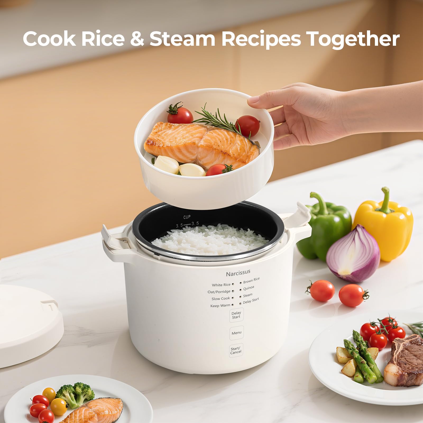Narcissus compact multi-function cooker illustrating quick white rice and oats.
