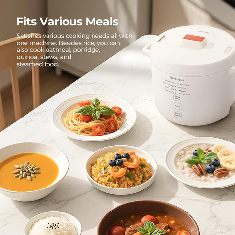 Narcissus rice cooker with steam tray ready for healthy steam dishes.