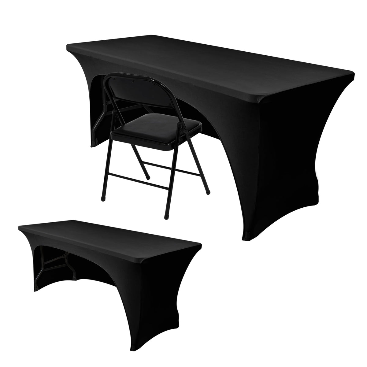 Nasitos 2-pack spandex fitted black tablecloth for 4ft tables, front view for a clean trade show setup