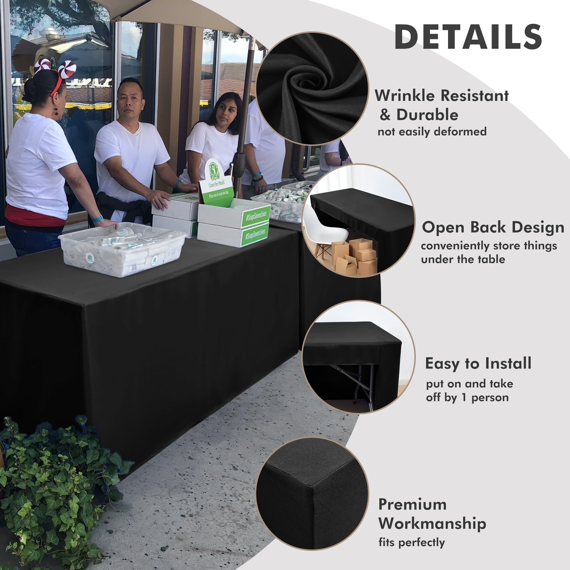 Nasitos black tablecloth wrinkle-resistant and durable for events.