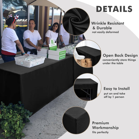 Nasitos black tablecloth wrinkle-resistant and durable for events.