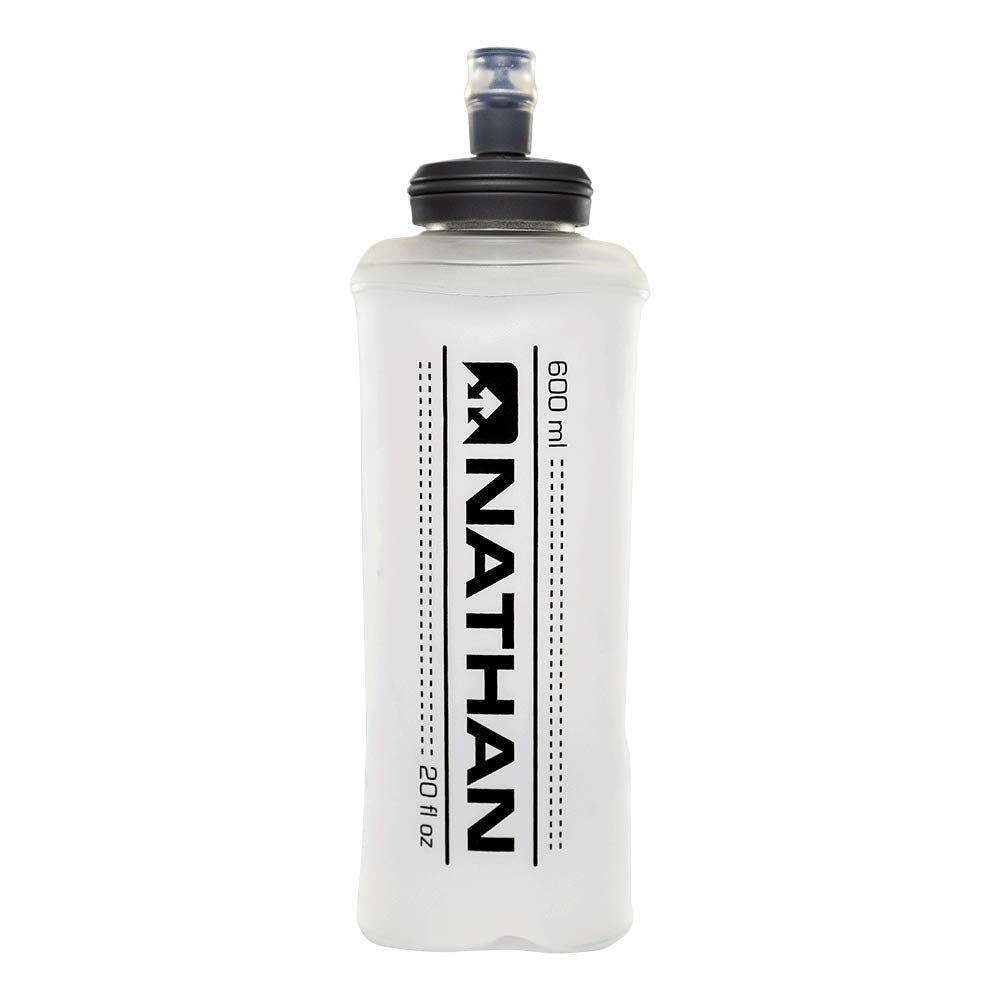 Nathan 20oz soft flask with bite top, easy handheld hydration during runs.