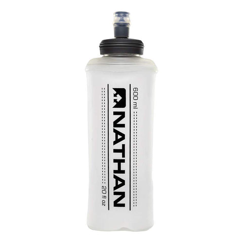 Nathan 20oz soft flask with bite top, easy handheld hydration during runs.