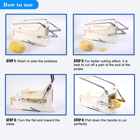NatldGs potato slicer shows two blade sizes for regular or thinner fries.
