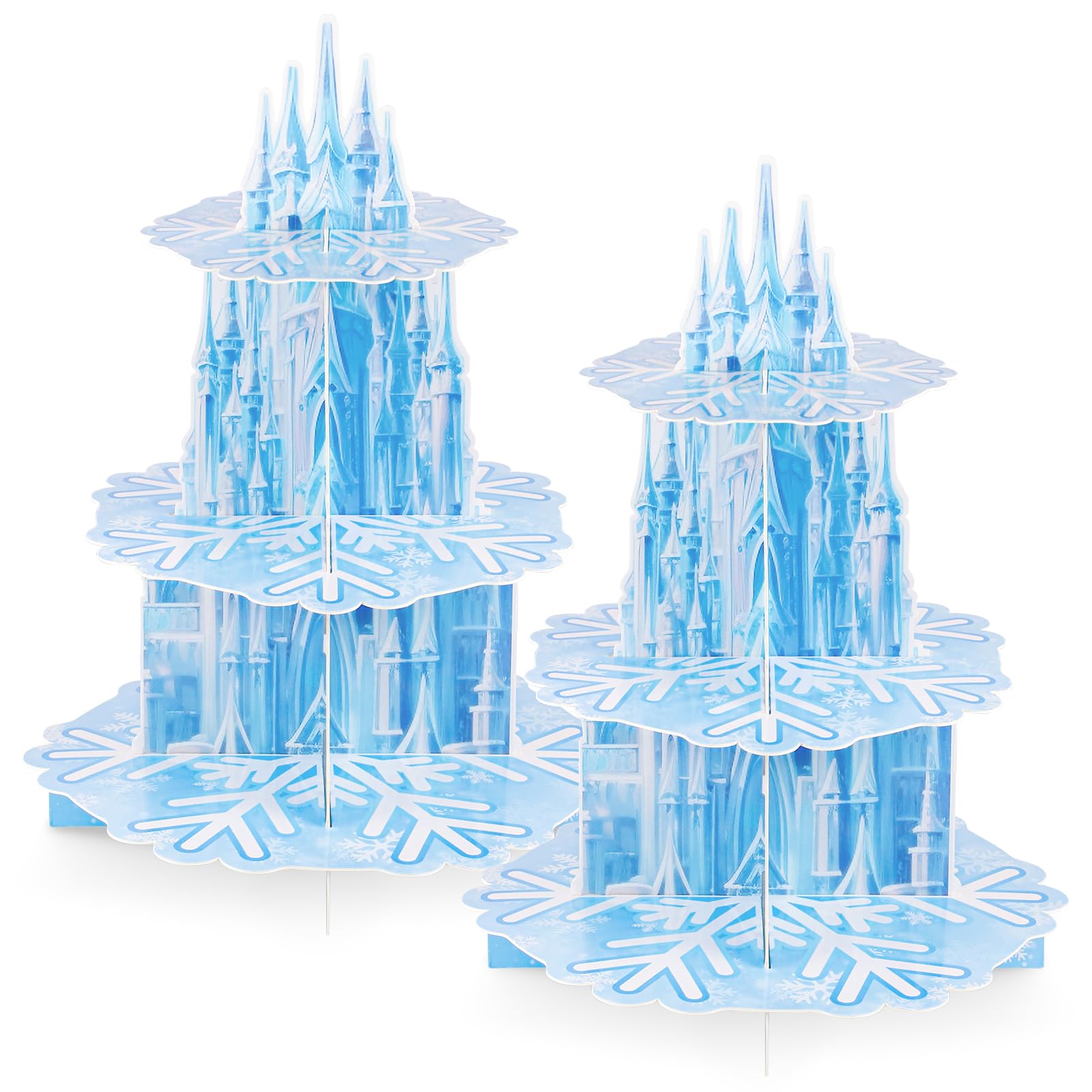 NatNarr Frozen cupcake stand front view with 3 tiers and bright snowflake patterns