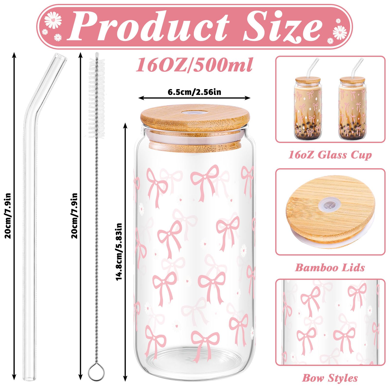 NatNarr pink bow glass cups with lids and straws offer practical, reusable drinkware