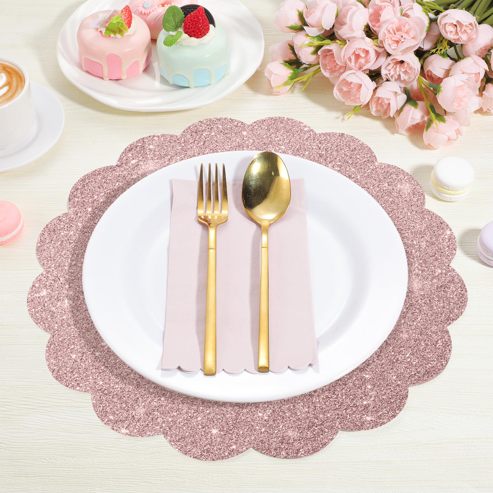 NatNarr rose gold glitter placemat edge shows scalloped border elegance