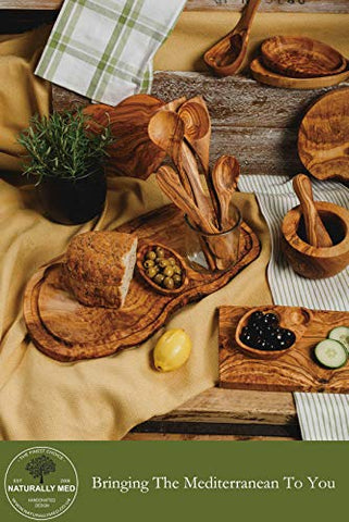 Naturally Med olive wood board shows natural patterns for elegant presentation.