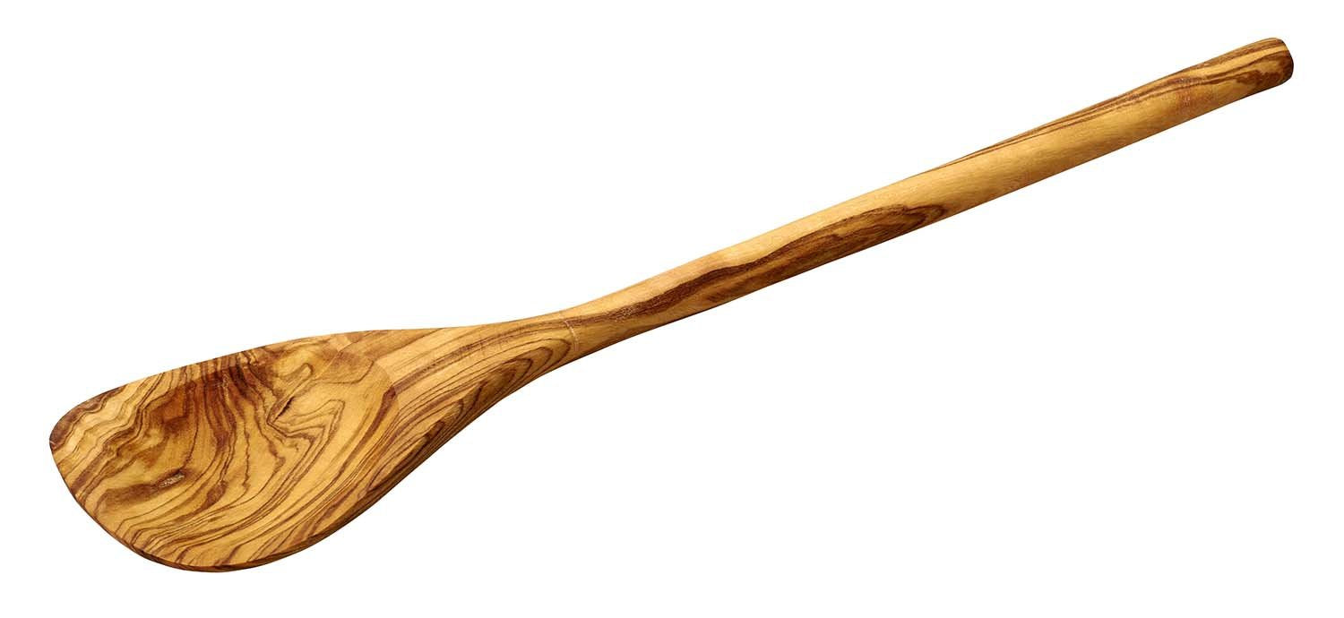 Naturally Med olive wood corner spoon, 12-inch, heat-resistant cooking tool for stirring.