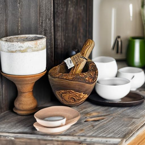Naturally Med rustic olive wood mortar and pestle highlighting craftsmanship