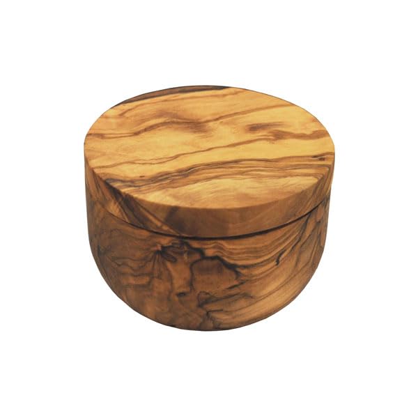 Naturally Med olive wood salt cellar shows unique grain as a kitchen centerpiece