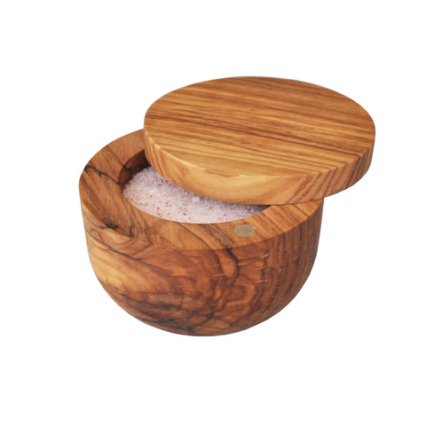 Naturally Med olive wood salt keeper with pivot lid for easy table serving