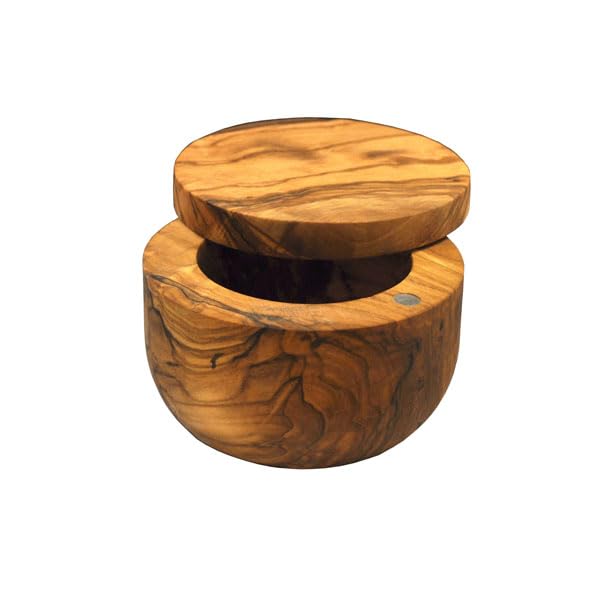 Naturally Med olive wood salt keeper on kitchen counter for stylish storage