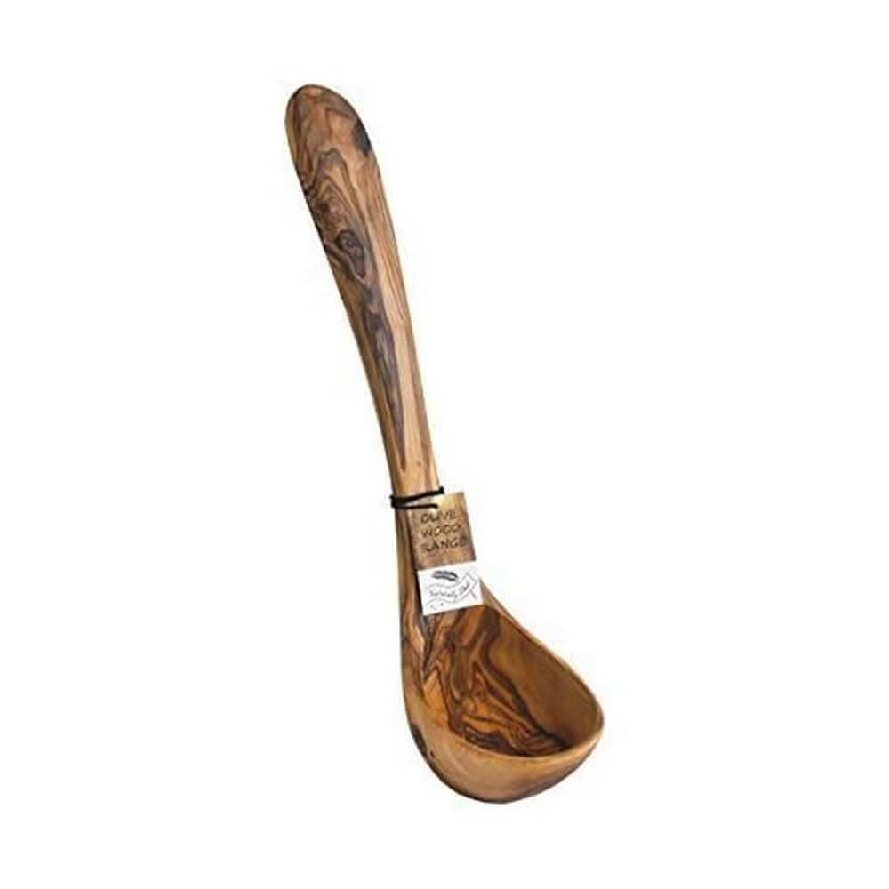 Naturally Med olive wood soup ladle, 10-inch, handmade for smooth, warm soup service.