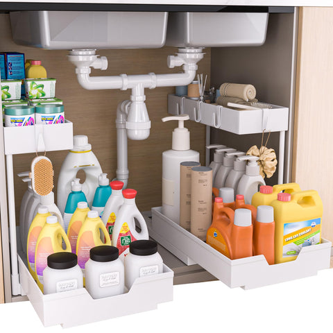 NATURE'S SOURCE 2-tier under-sink organizer with sliding drawer for clutter-free storage.