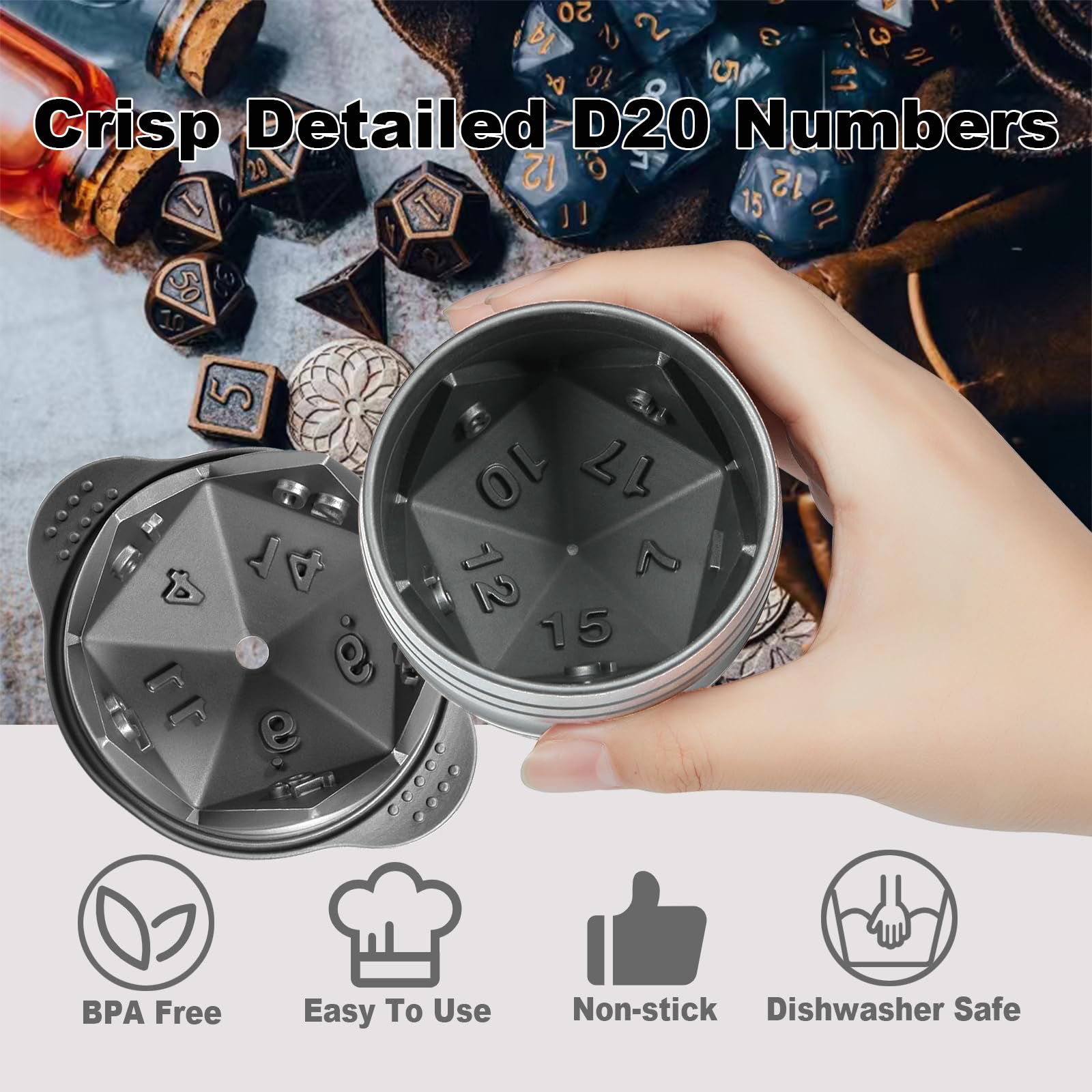 Nax Caki D20 dice mold supports gaming nights and fun drinks.