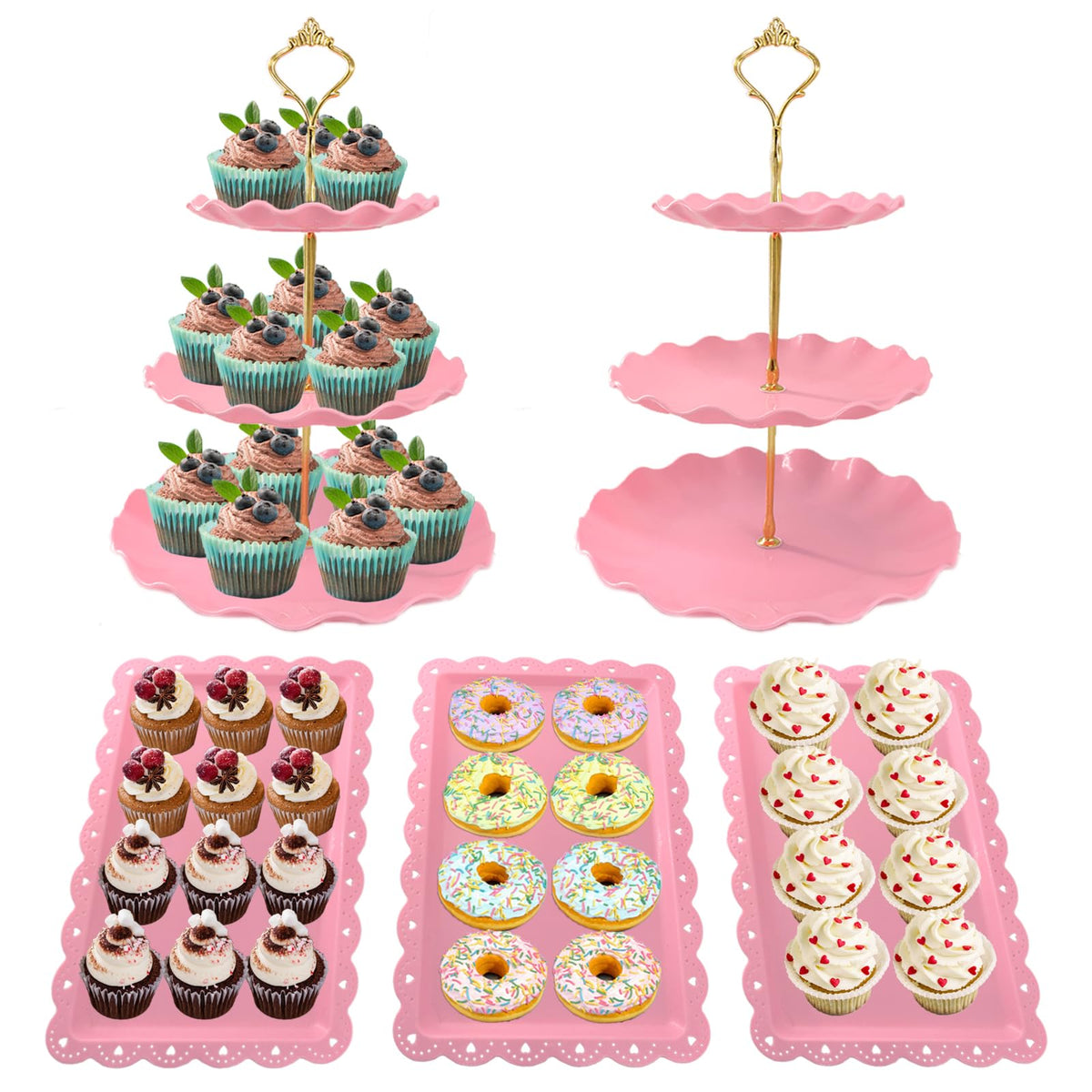 NAXIHOPT pink round 3-tier cupcake stand assembly for elegant dessert displays.