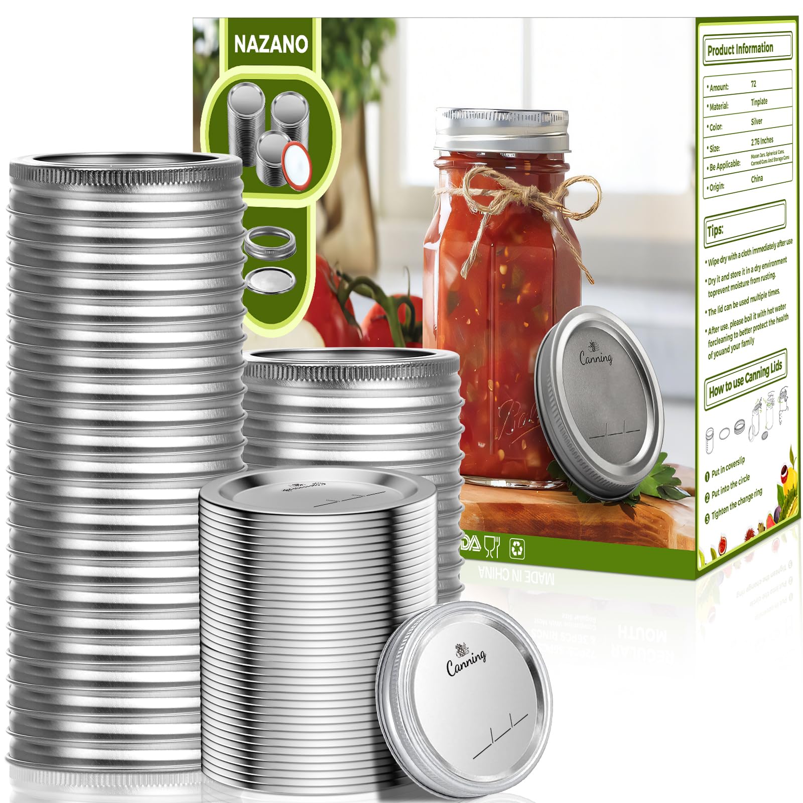Nazano 72-pack regular-mouth canning lids on a jar for airtight freshness.