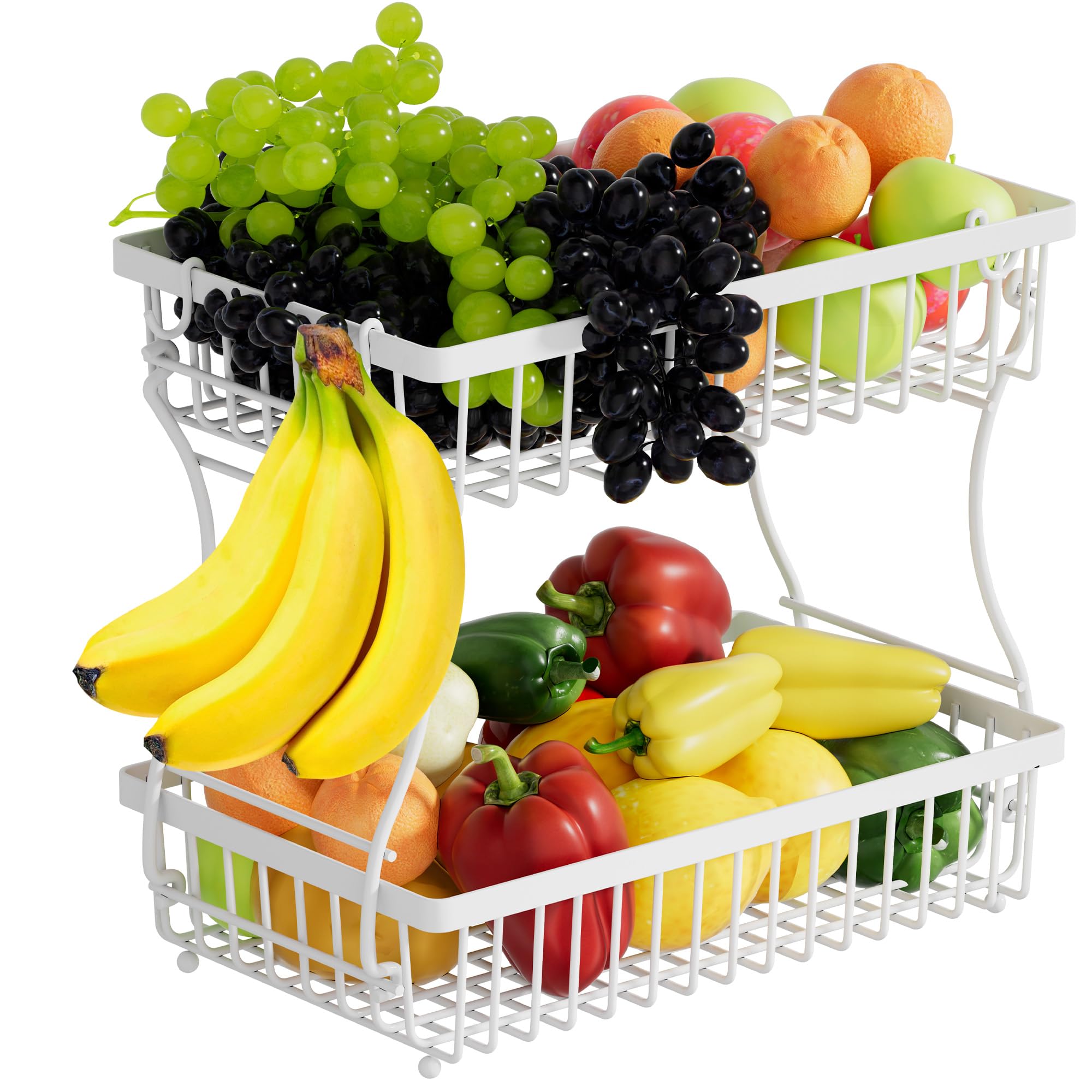 Nbwxcwbs 2-tier fruit basket with banana hanger on a white stand.