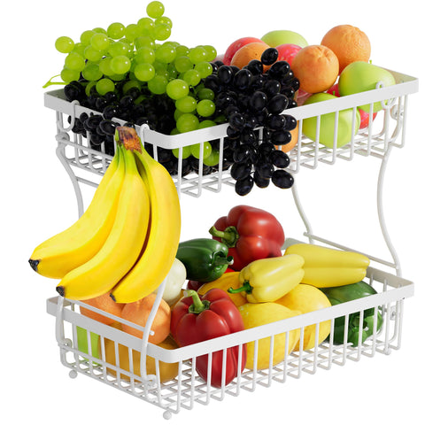 Nbwxcwbs 2-tier fruit basket with banana hanger on a white stand.