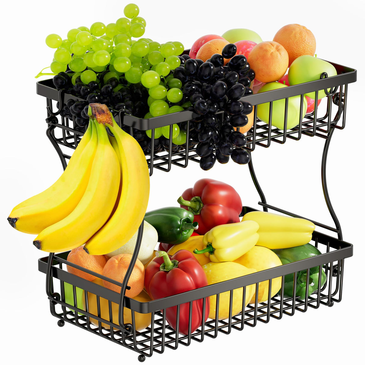 Nbwxcwbs 2-Tier Fruit Basket with Banana Hanger showing organized produce display