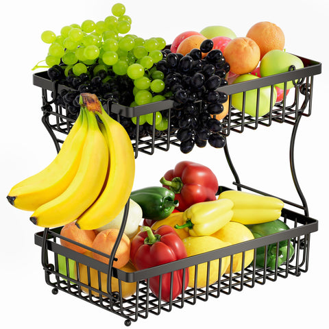 Nbwxcwbs 2-Tier Fruit Basket with Banana Hanger showing organized produce display
