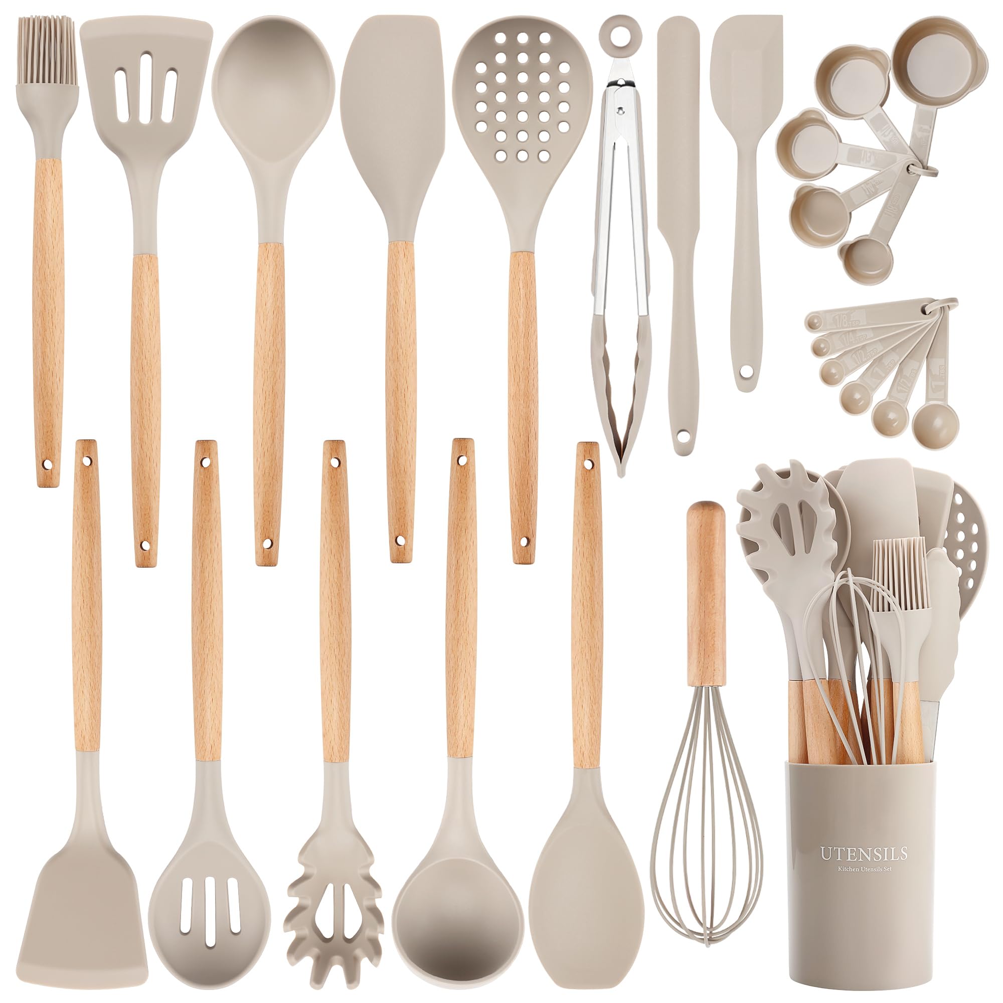 NCUE 26-piece silicone utensils set with holder for organized kitchen storage.