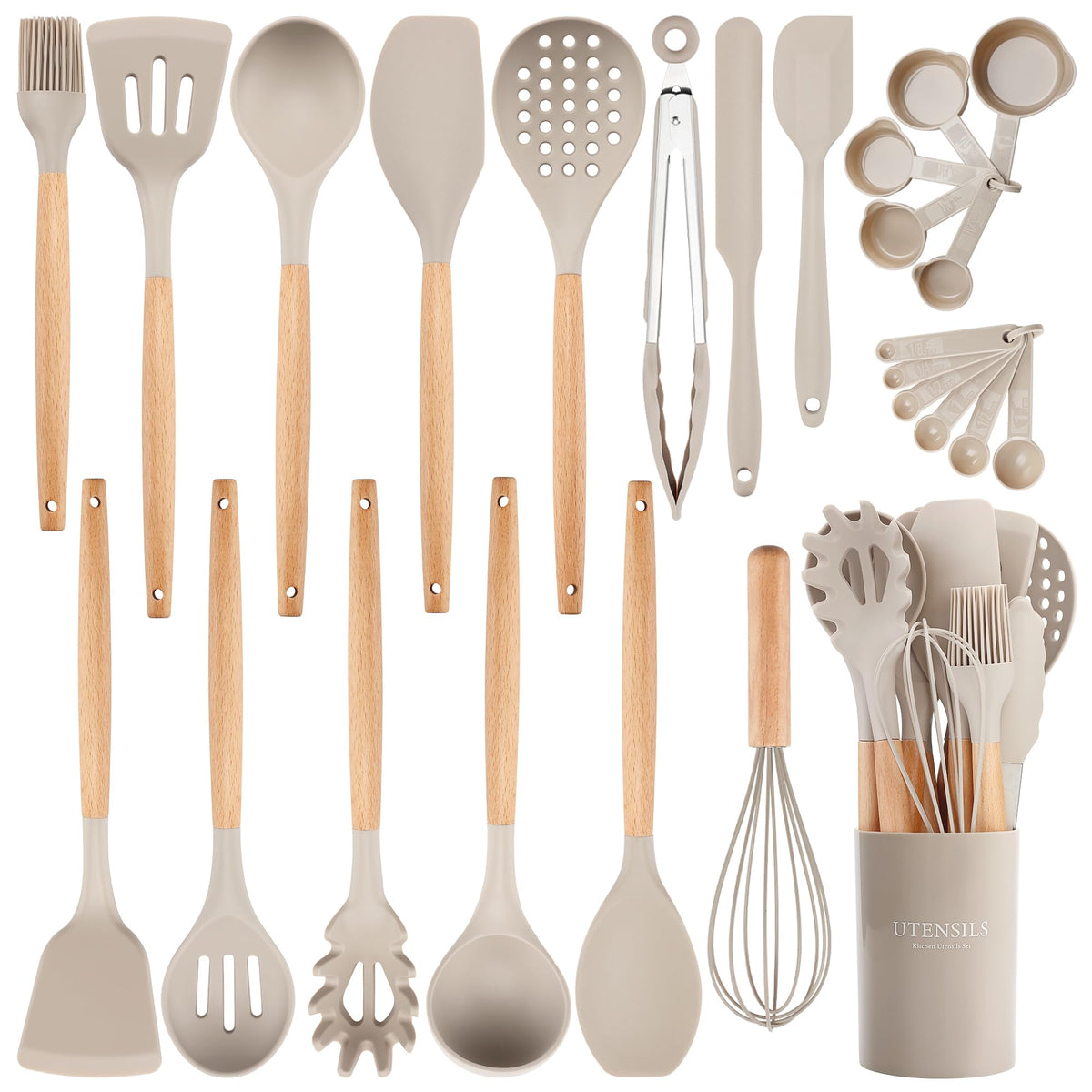 NCUE 26-piece silicone utensils set with holder for organized kitchen storage.