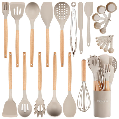 NCUE 26-piece silicone utensils set with holder for organized kitchen storage.