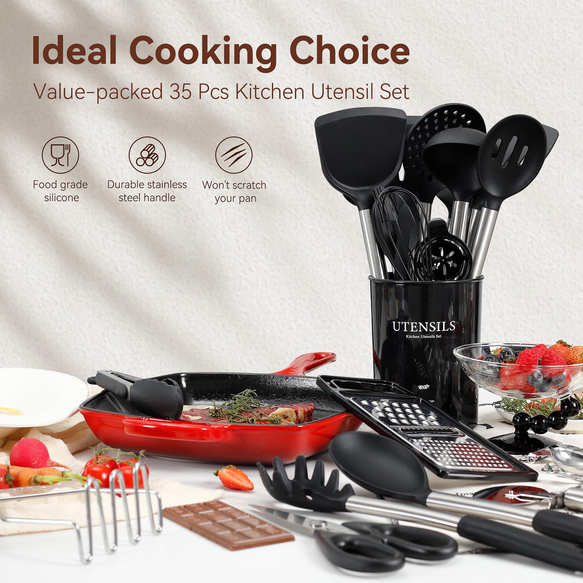 NCUE 35-piece set with stainless steel handles for durable cooking tools.
