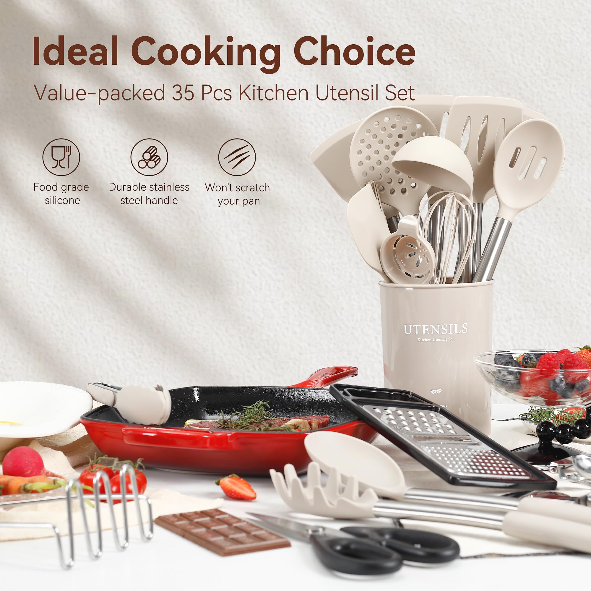 NCUE 35-piece utensils collection neatly organized for versatile cooking